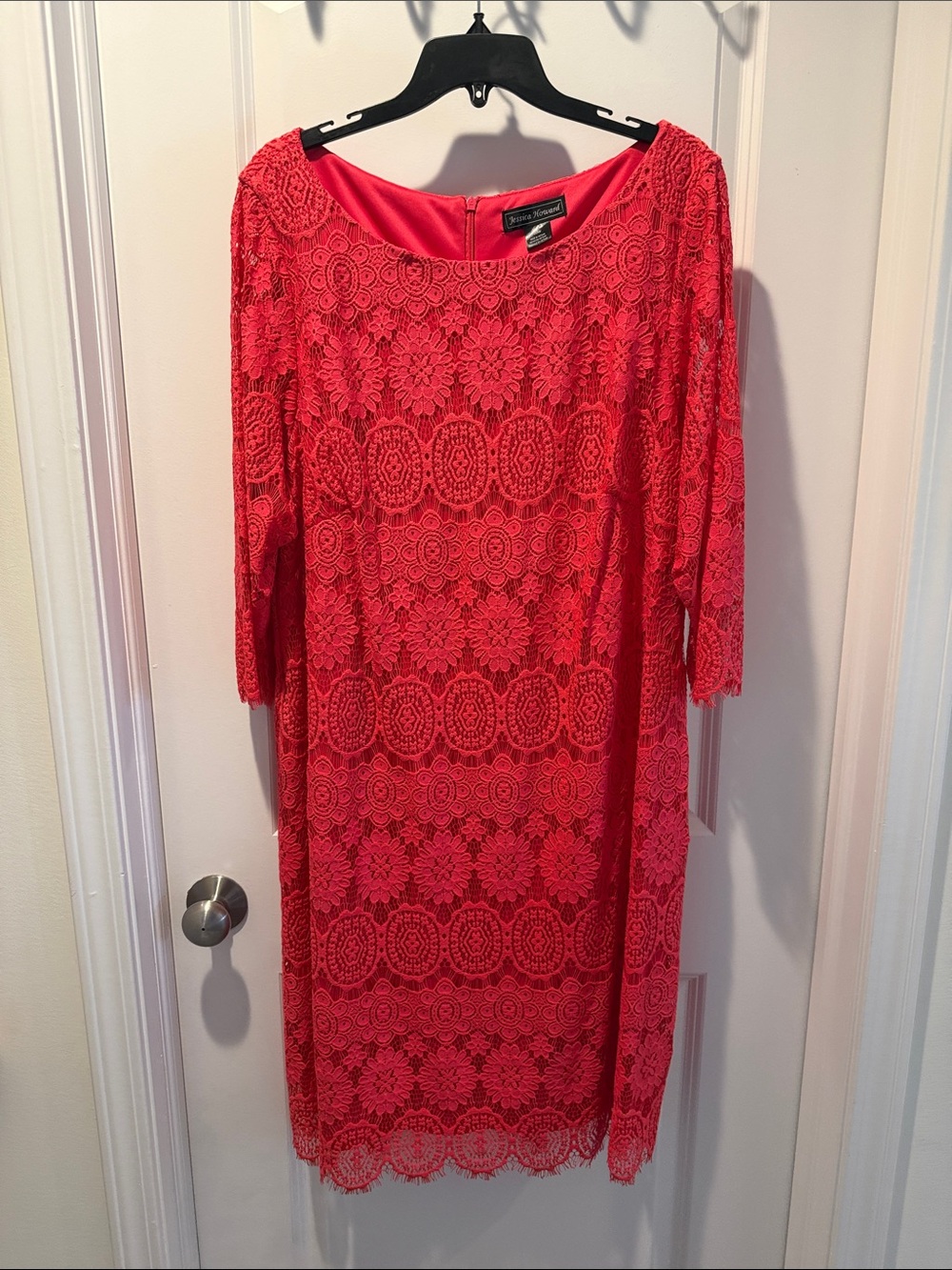 Jessica Howard Coral Lace Sheath Dress with Three-Quarter Sleeves